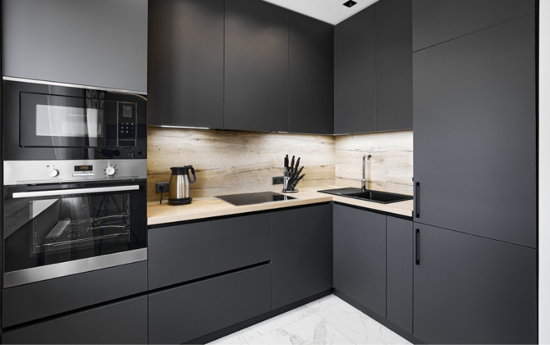 kitchen with flat slab black cabinets 