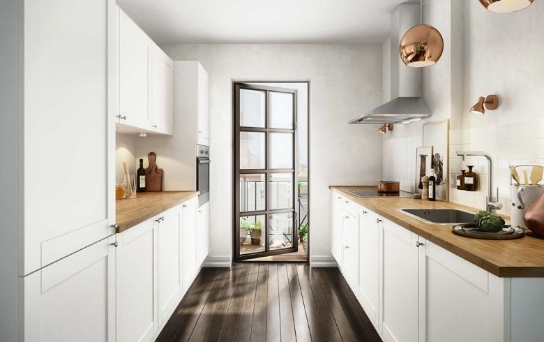kitchen gallery layout with dark wooden floor and off white walls and wood essence details
