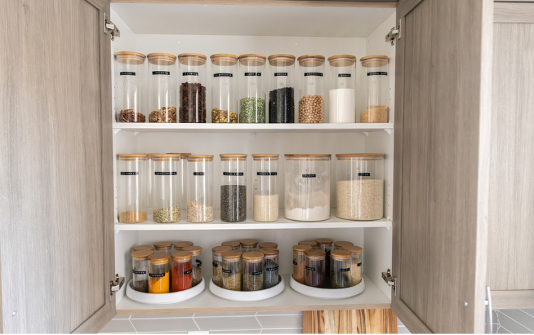 kitchen pantry with decanted items in glass jars