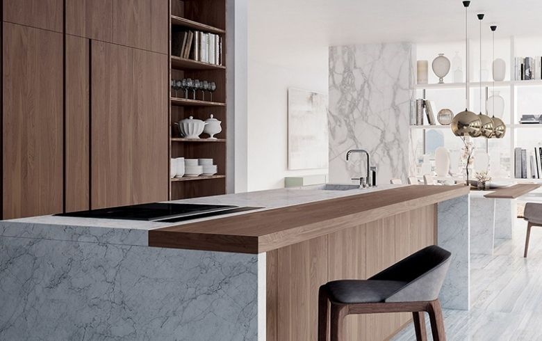 modern kitchen with marble details, melamine wood imitation cabinets