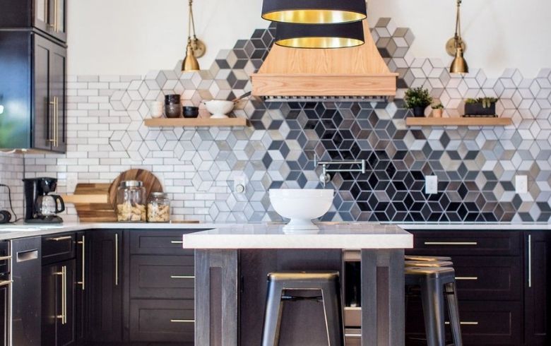 modern kitchen with mix and match tiles for backsplash, wooden shelves and marble look-a-like countertops