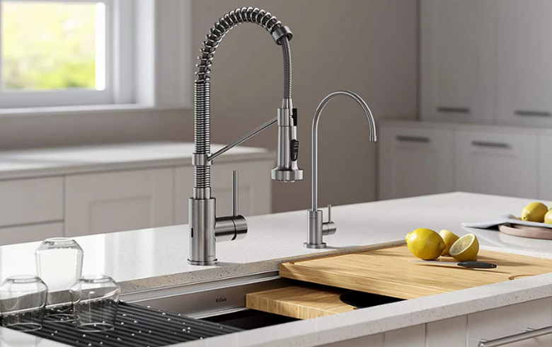 modern touchless faucet sink in high-tech kitchen