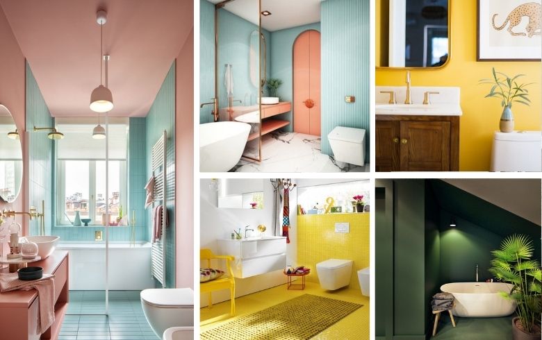 lumineuse et vibrante salle de bain décorée avec jaune bleu et rose