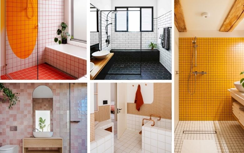 retro all tiled bathroom design with bright colours