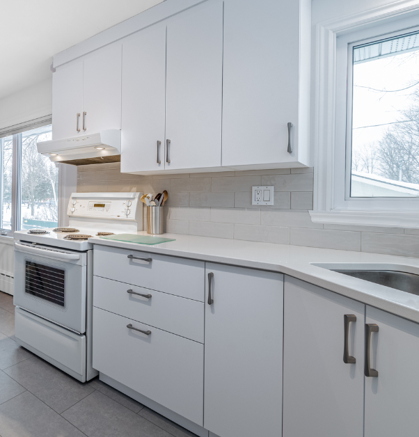 Small classic white kitchen renovation with polymer cabinets