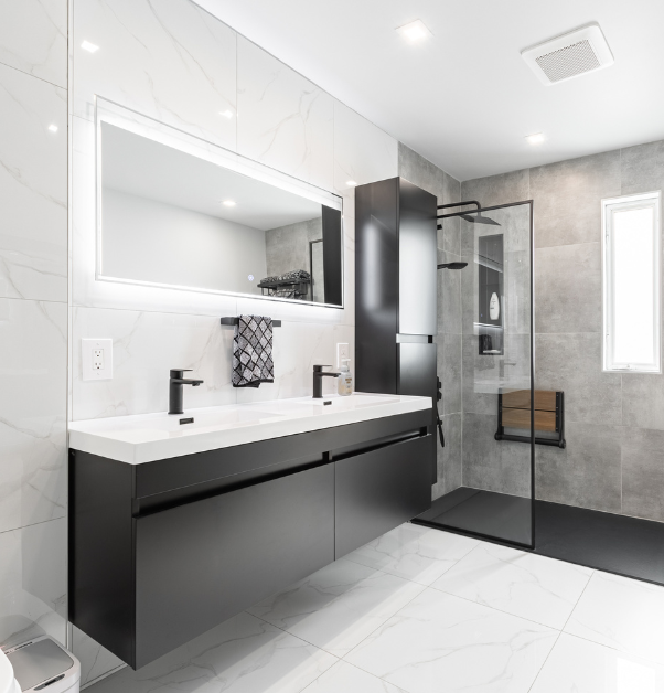 Modern bathroom vanity with double sink and italian shower