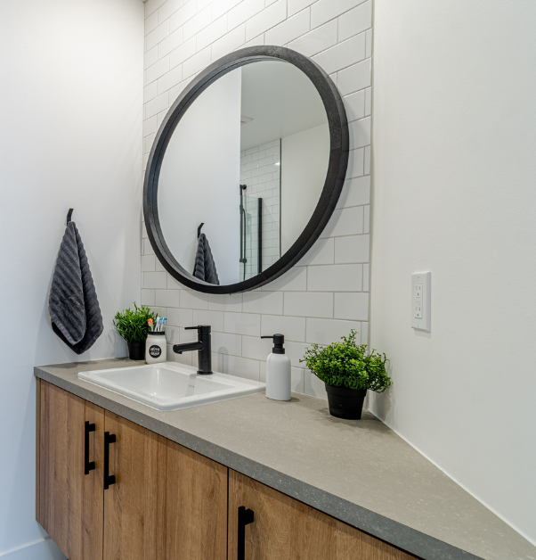 Wooden bathroom vanity in contemporary bathroom