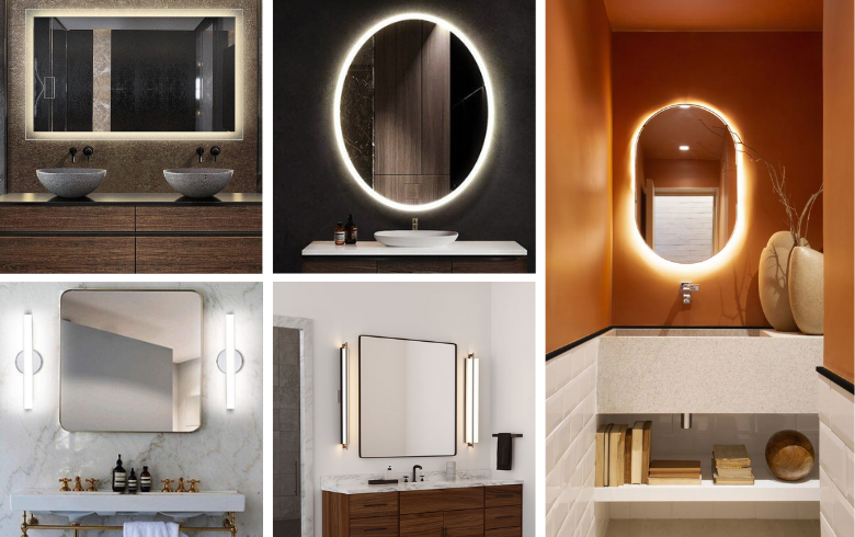 contemporary bathroom with integrated lights around mirror
