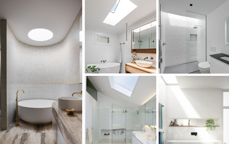 luxury bathrooms with rectangular and circular skylights