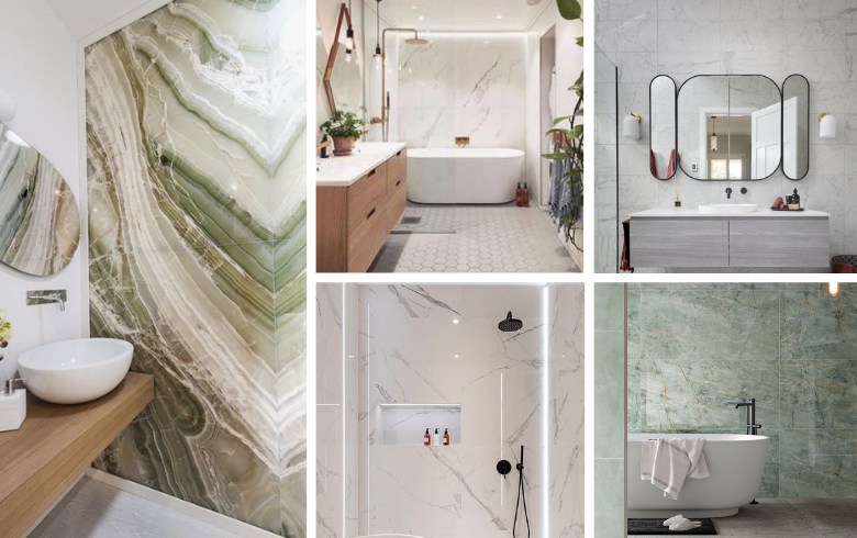 mur d'accent en marbre taupe et blanc pour salles de bains de luxe