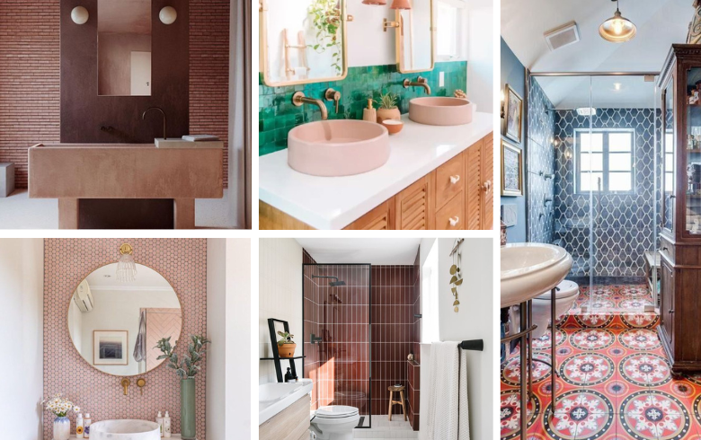 pink and blue accent colours for bathroom decor