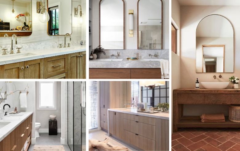 textures contrastées de bois et pierre pour salles de bains de luxe