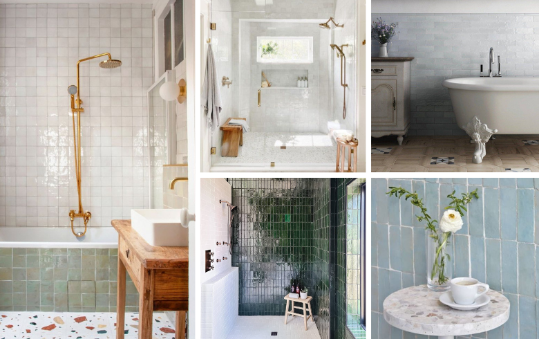 Neutral backsplash zelligue tiles for luxury bathroom
