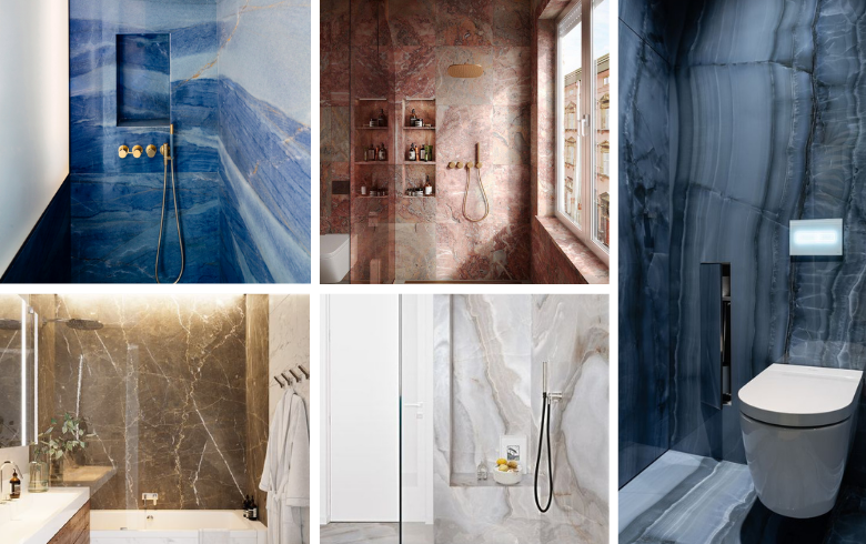 blue and white marble wall in shower for luxury bathrooms