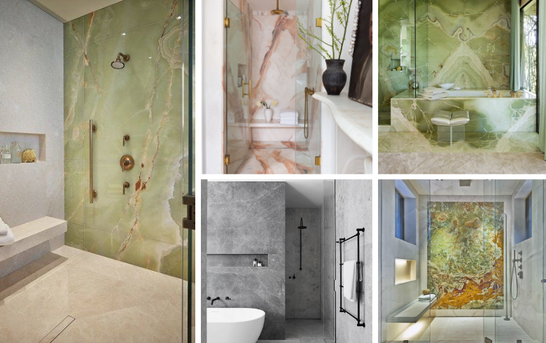 Green grey and pink shower marble accent wall