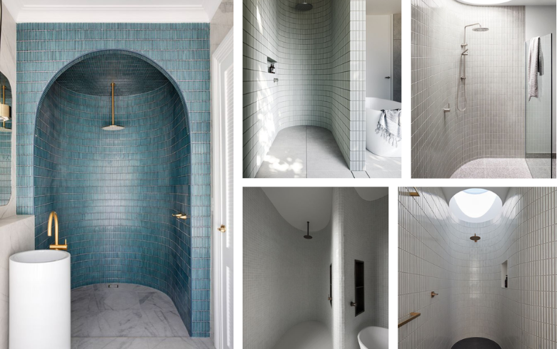 Douches de salles de bain avec arches, murs et plafonds courbés