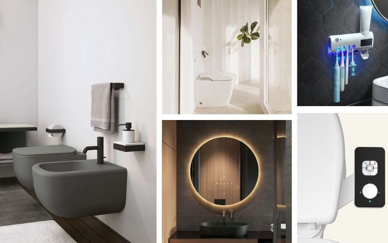 Salles de bain du futur avec bidet, miroir et toilette intelligente