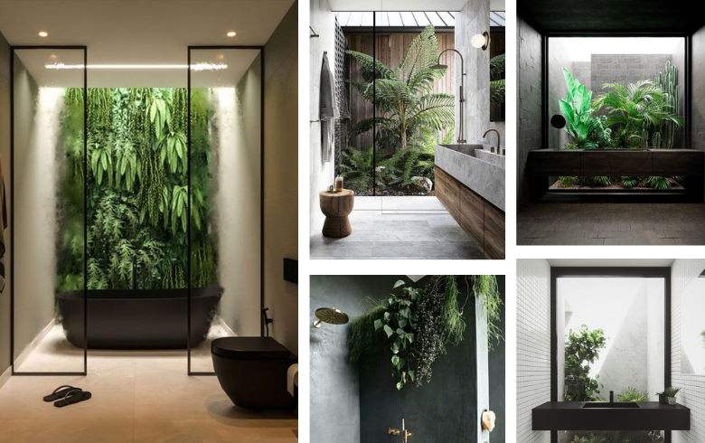 Salles de bain avec murs végétaux et fenêtre sur jardin extérieur