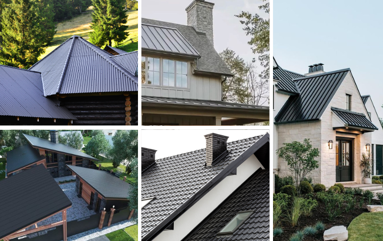 Dark renovated roofs made of shingles and metal slates