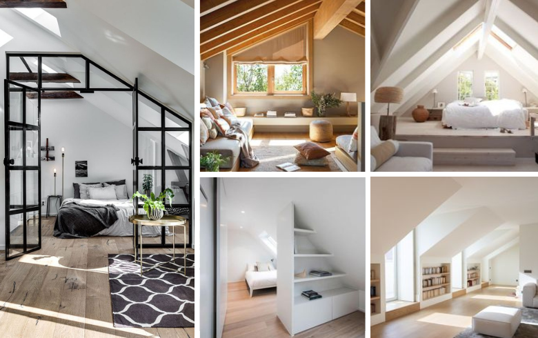 Attic house extensions featuring bedrooms with slanted ceilings and large windows