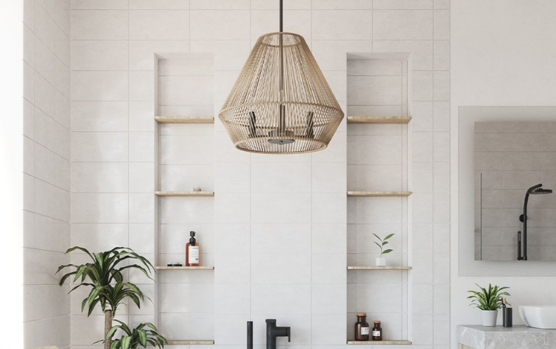 Rattan pendant chandelier over freestanding bathtub