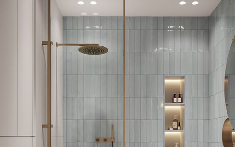 walk-in shower with blue backsplash, golden alcove and cool pot-lights