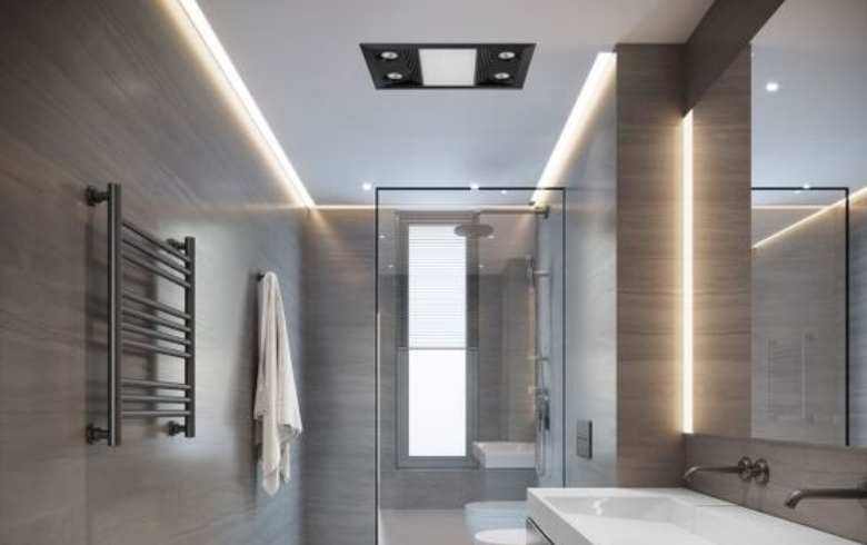square ceiling heat lamp in bathroom with walk-in shower and lit up mirror