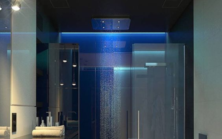 modern bathroom shower lit with blue leds