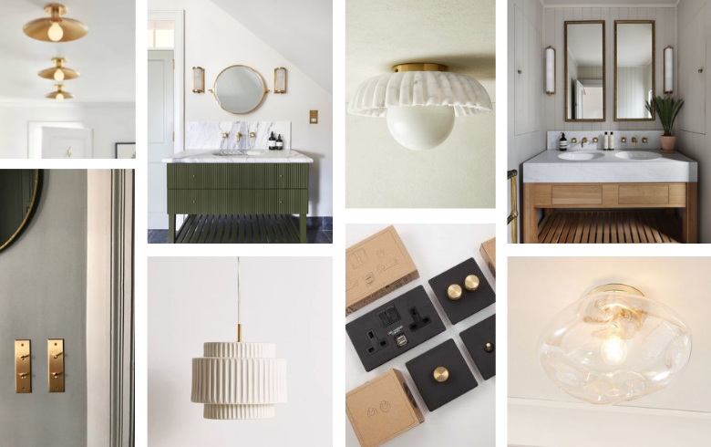 Luminaires de salle de bain et interrupteurs or, bronze et blanc d'inspiration vintage
