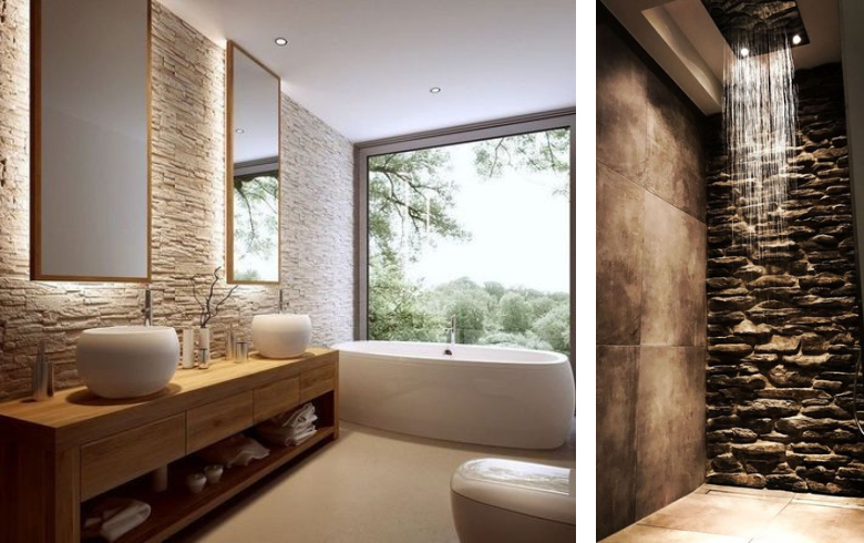 salle de bain luxueuse avec douche pluie et bain de type spa