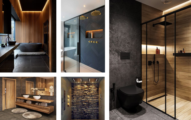 salles de bain sombres avec grandes douches, niches et vanités de luxe