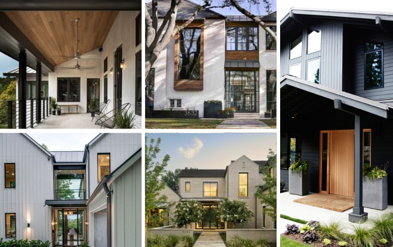 House addition collage featuring modern home exteriors with dark tones and large windows
