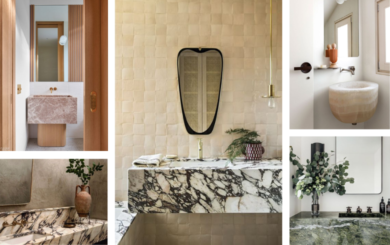 Salles de bain avec vanités luxueuses en marbre et quartz