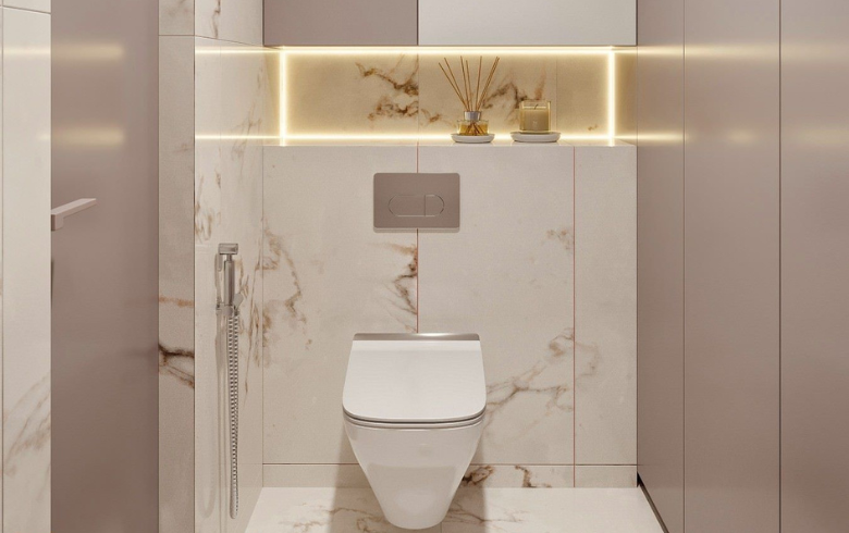 Water closet with alcove above toilet lit with led lights