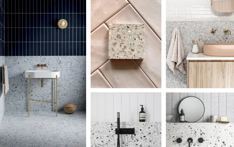 Terrazzo ceramic ideas in different bathrooms