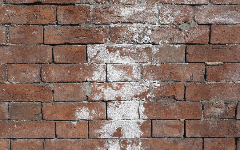 Brick cladding affected by moisture and stained with efflorescence