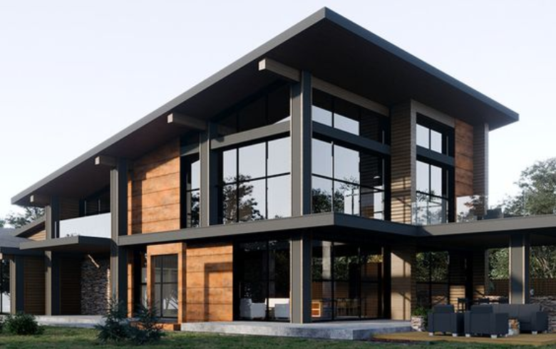 Maison moderne avec grandes fenêtres et revêtement écologique en bois et aluminium