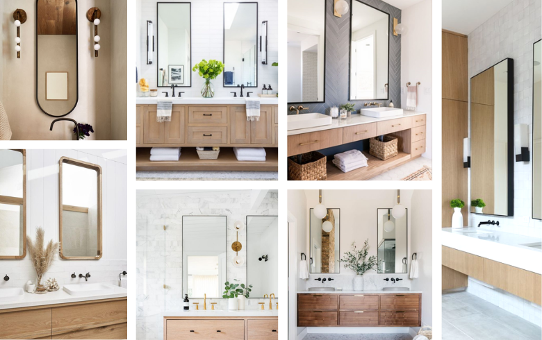 Trendy bathrooms with elongated double mirrors