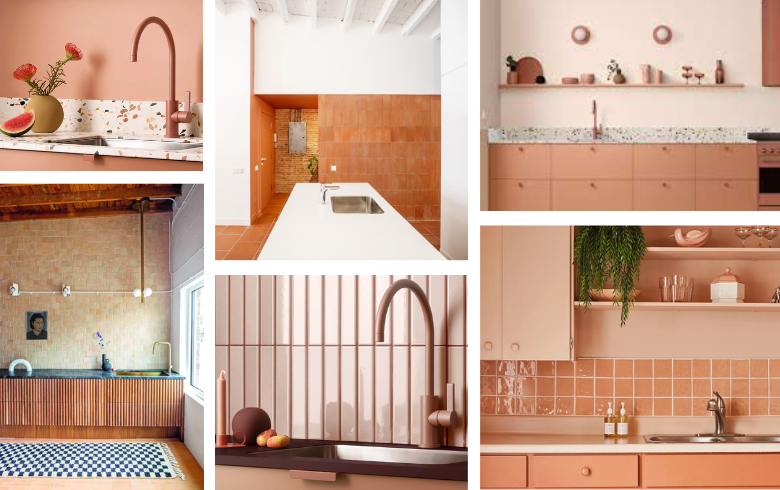 kitchen with peach coloured faucet and finishes