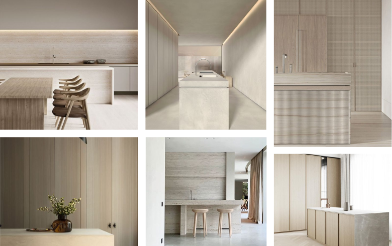 minimalistic invisible kitchen with beige wood cabinets