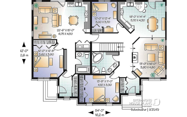 Plan d'étage du rez-de-chaussée de maison bigénération avec trois chambres