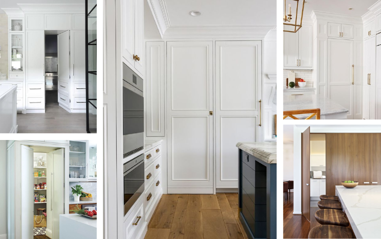 white kitchen with cabinets to hide walking pantry