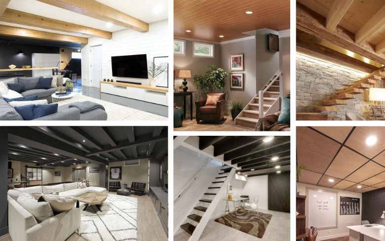 Renovated living rooms in trendy basements with original ceilings