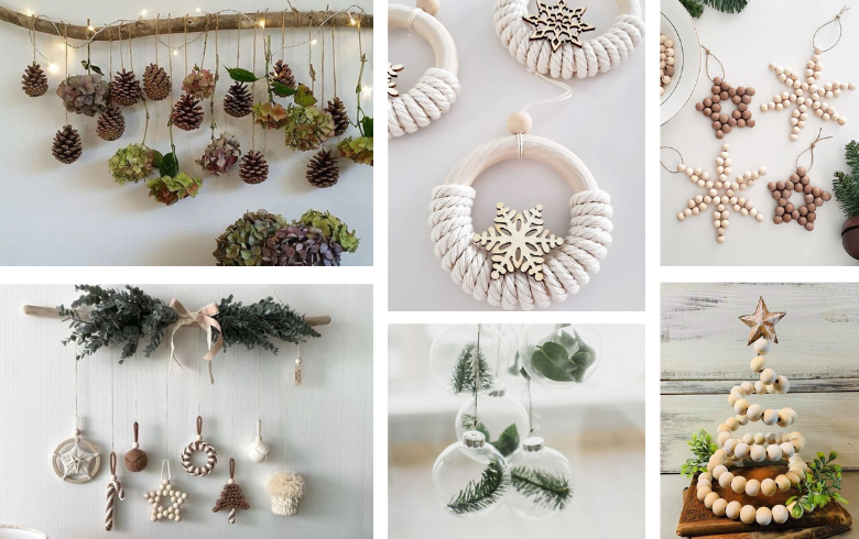DIY christmas plant decorations with pinetrees, beads and rope