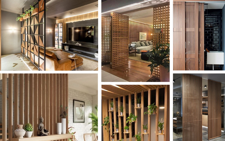 Elegant room dividers made of wood, steel and glass in trendy basements