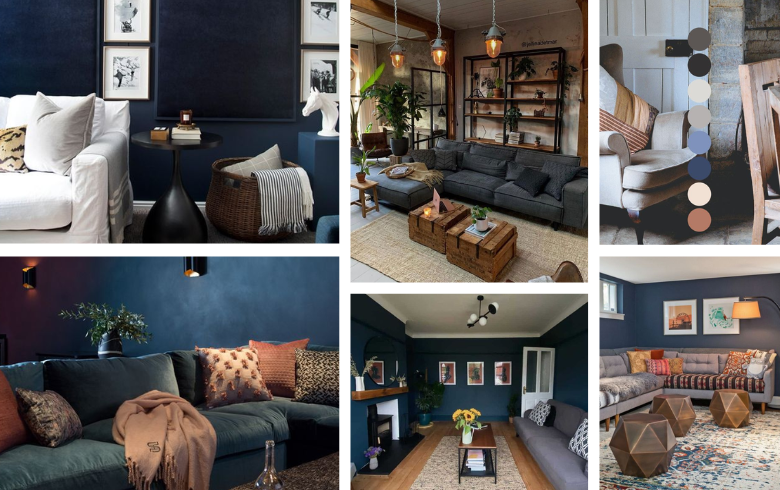Dark blue painted walls in renovated basements with trendy furniture