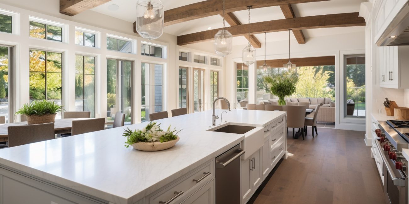 Bright kitchen with large white island, wooden floor, wooden ceiling beams and numerous windows