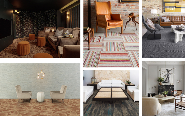 Basement living room square tile rug with original pattern