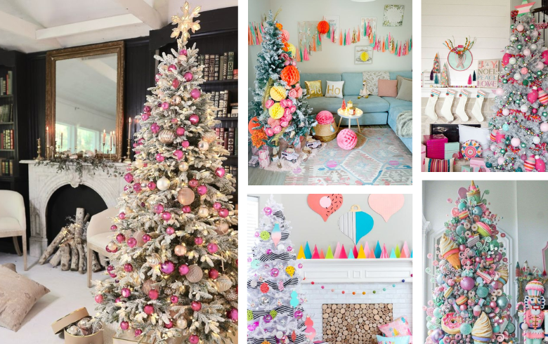 colourful christmas trees and decorations