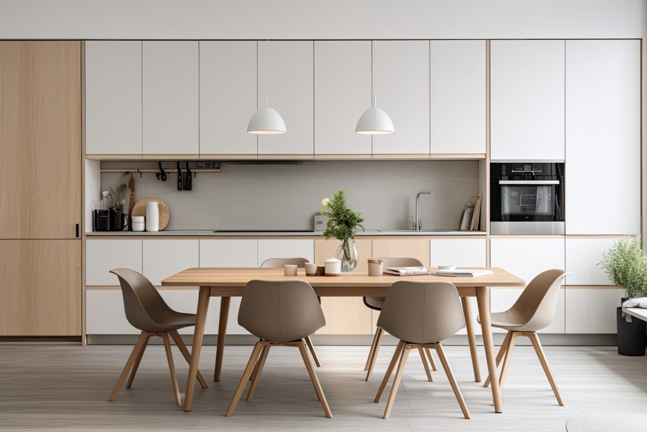 Cuisine scandinave de couleur blanche avec accents de bois, comprenant un mobilier moderne et divers accessoires de décoration